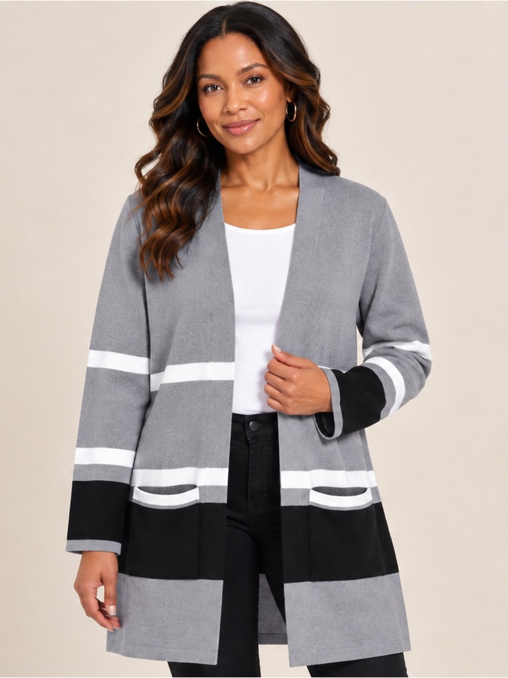 GRACE KARIN Gray Black White Colorblock Long Open Front Cardigan with Pockets L